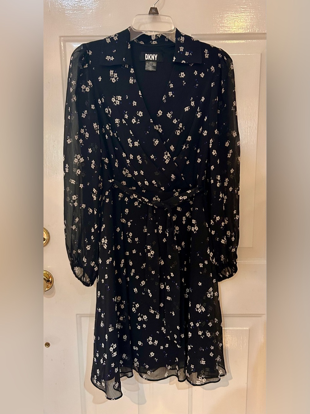 DKNY Black Floral Long-Sleeve Wrap Dress